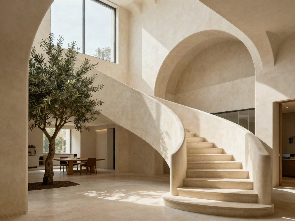 Sunlit Portuguese office with a sculptural stone staircase, warm arches and an olive tree