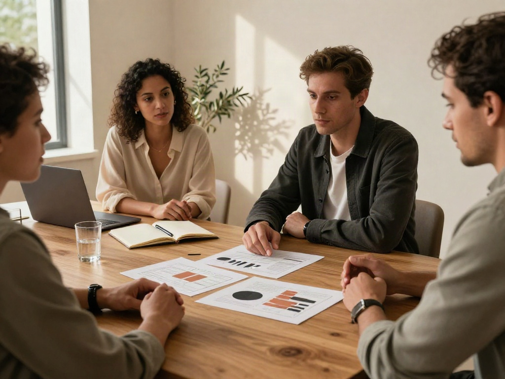 Colleagues reviewing business charts and discussing strategy around an oak table